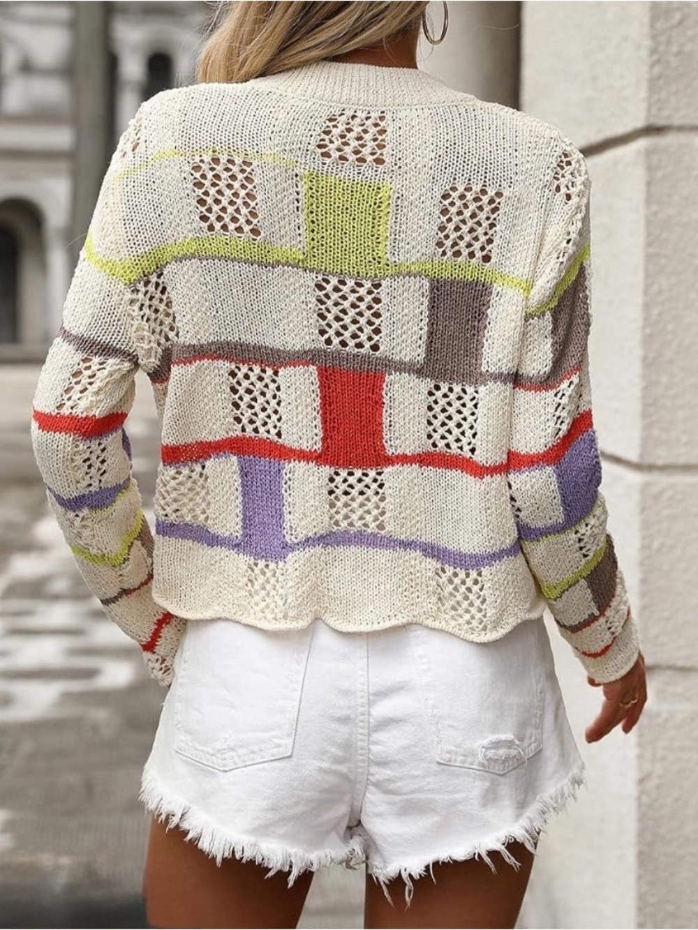Pull&Bear Cream Openwork Knit Cardigan with Multicolor Block Stripes